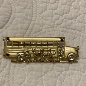 Gold School Bus Brooch with Red Accents